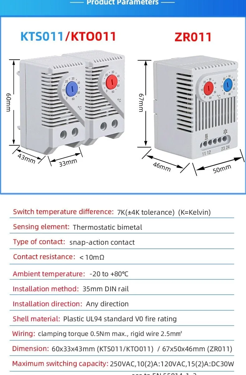 0-60'C KTO011 KTS011 DIN Rail Mini Compact Bimetallic Thermostat Mechanical Temperature Controller Normal Open Close KTO 011 KTS