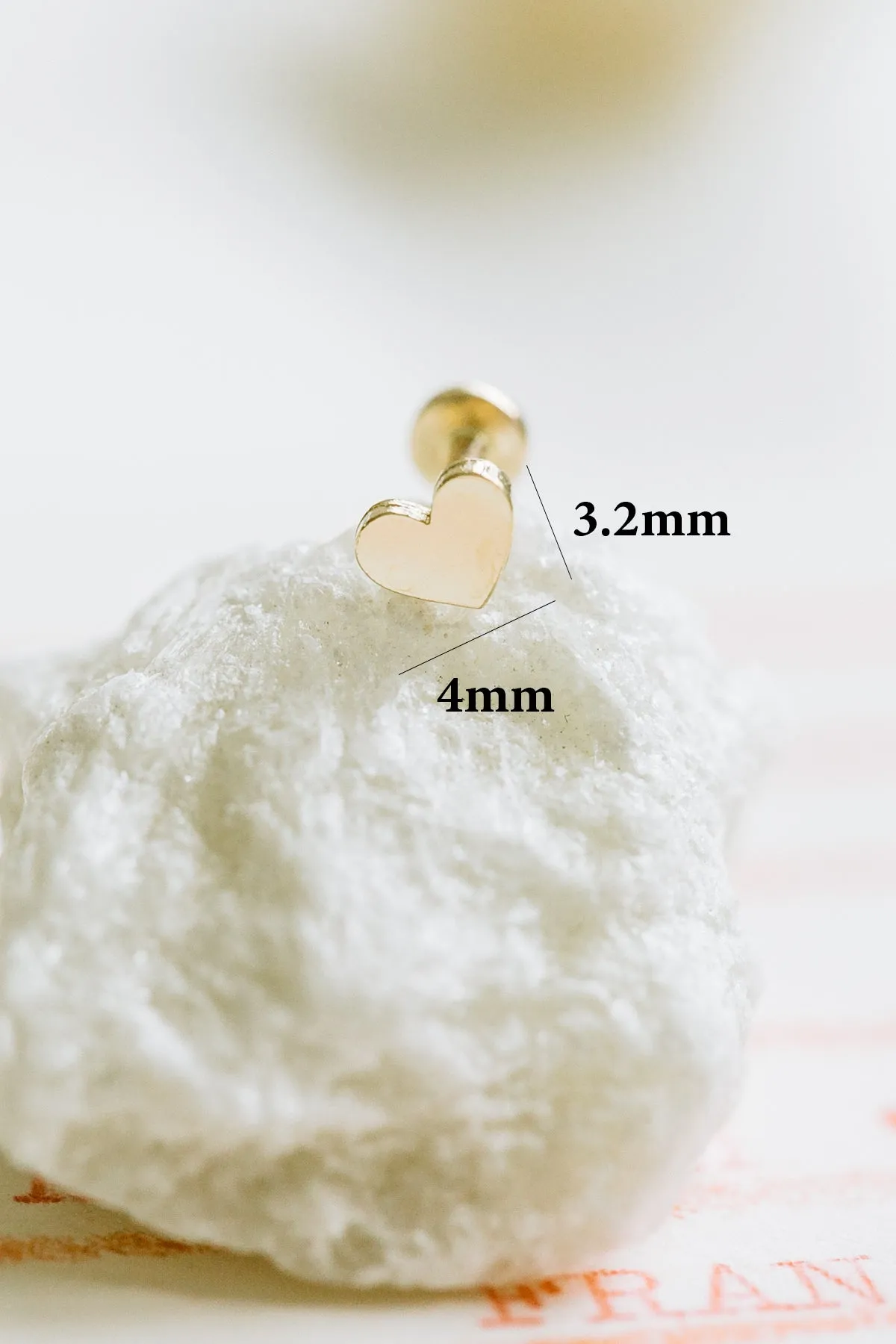 14K Solid Gold 4mm Heart Cartilage Helix Tragus Conch Internally Threaded Flat Back Earring Labret