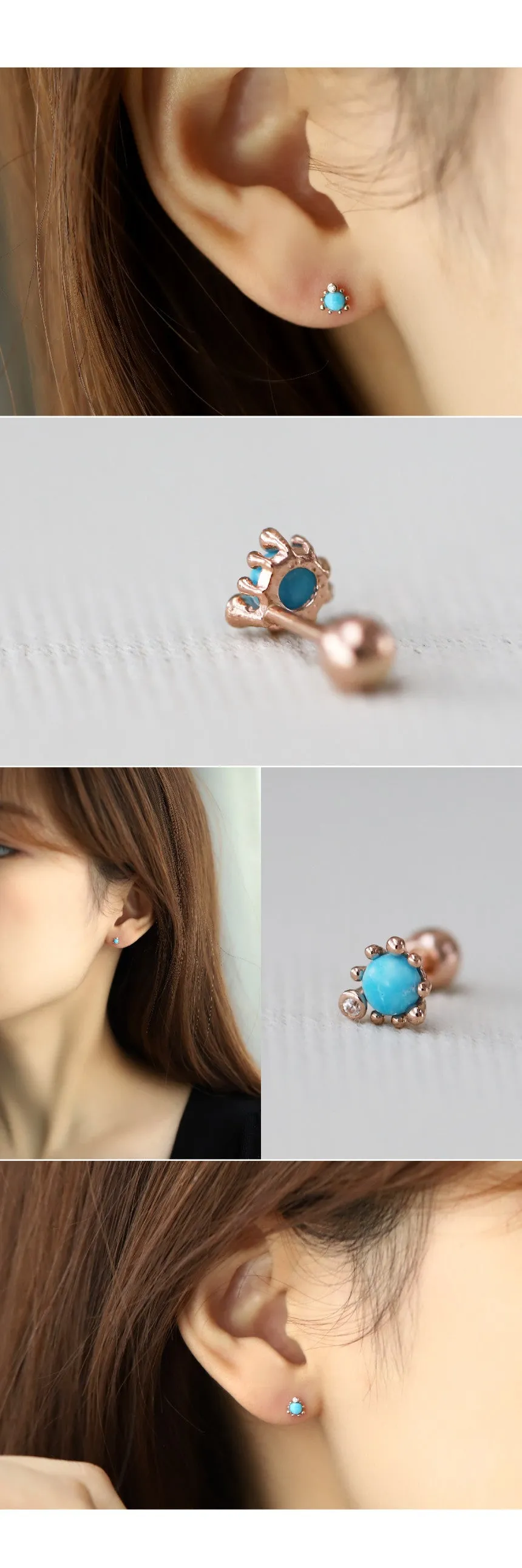 14K Solid Gold Gemstone Turquoise Tragus Cartilage Helix Conch Earring Barbell Piercing Stud