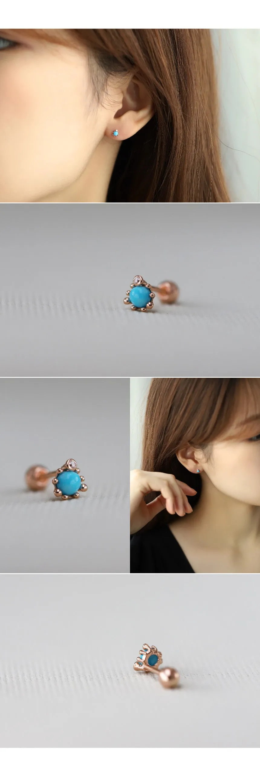 14K Solid Gold Gemstone Turquoise Tragus Cartilage Helix Conch Earring Barbell Piercing Stud