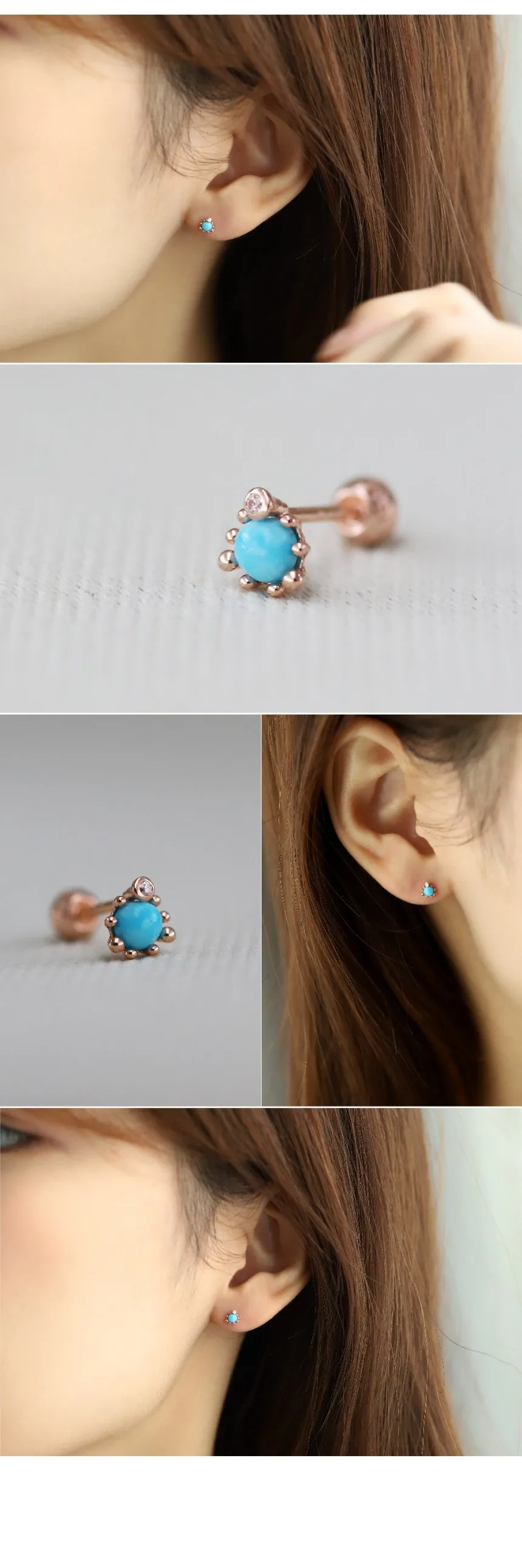 14K Solid Gold Gemstone Turquoise Tragus Cartilage Helix Conch Earring Barbell Piercing Stud