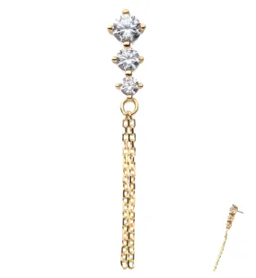 14kt Gold Descending Triple Clear CZ Dangle Chains Threadless Top