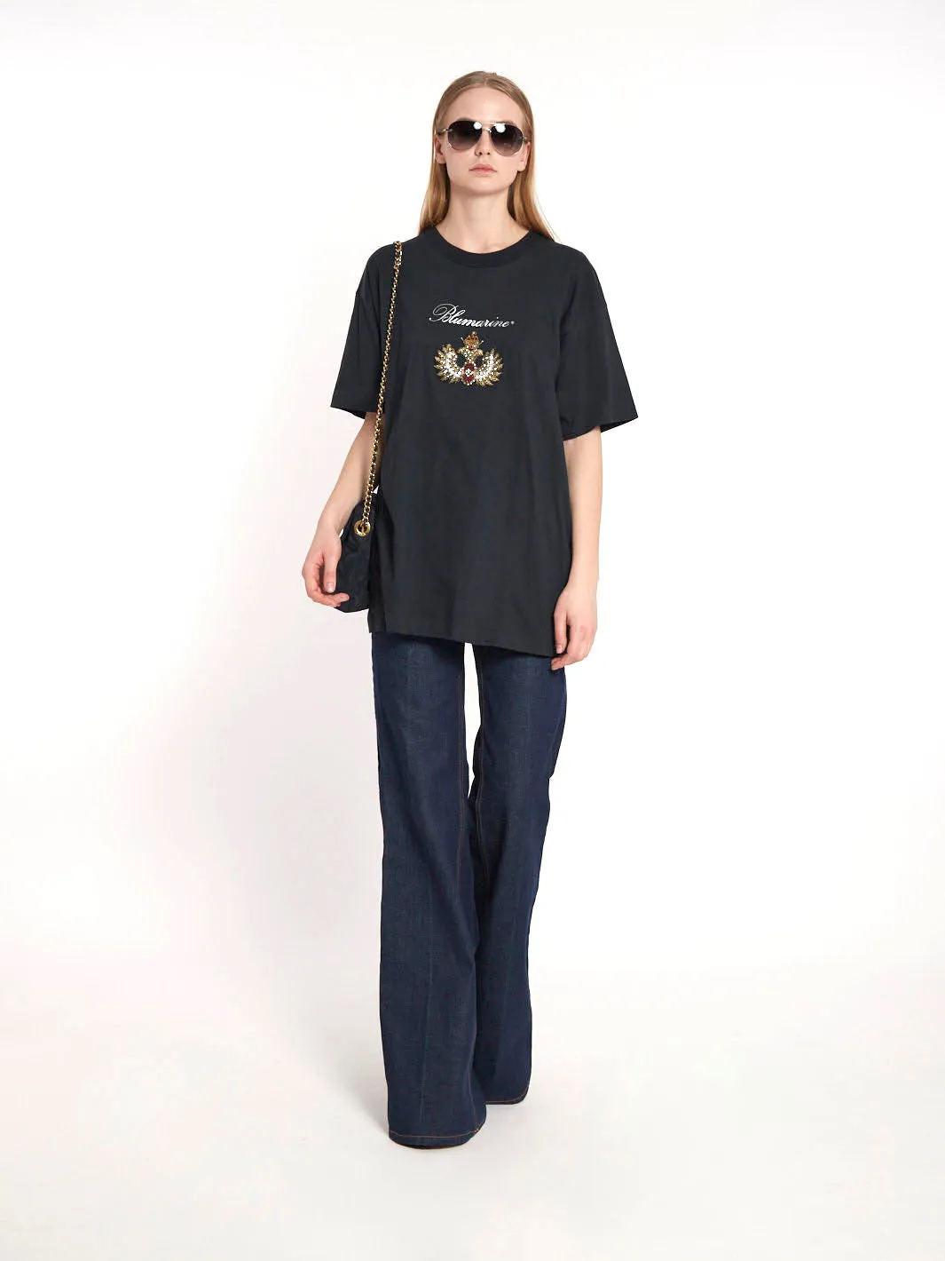 1990s Anna Molinari Blumarine blue T-shirt with beads and rhinestones