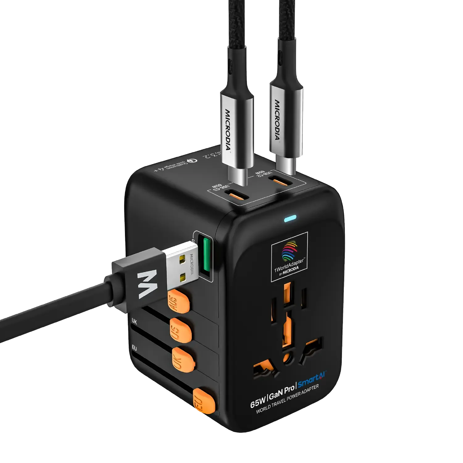 1WorldAdapter™ PD65W GaN Pro™ with 3 x USB-C PD3.2 & USB-A QC4  PPS Fast Charging