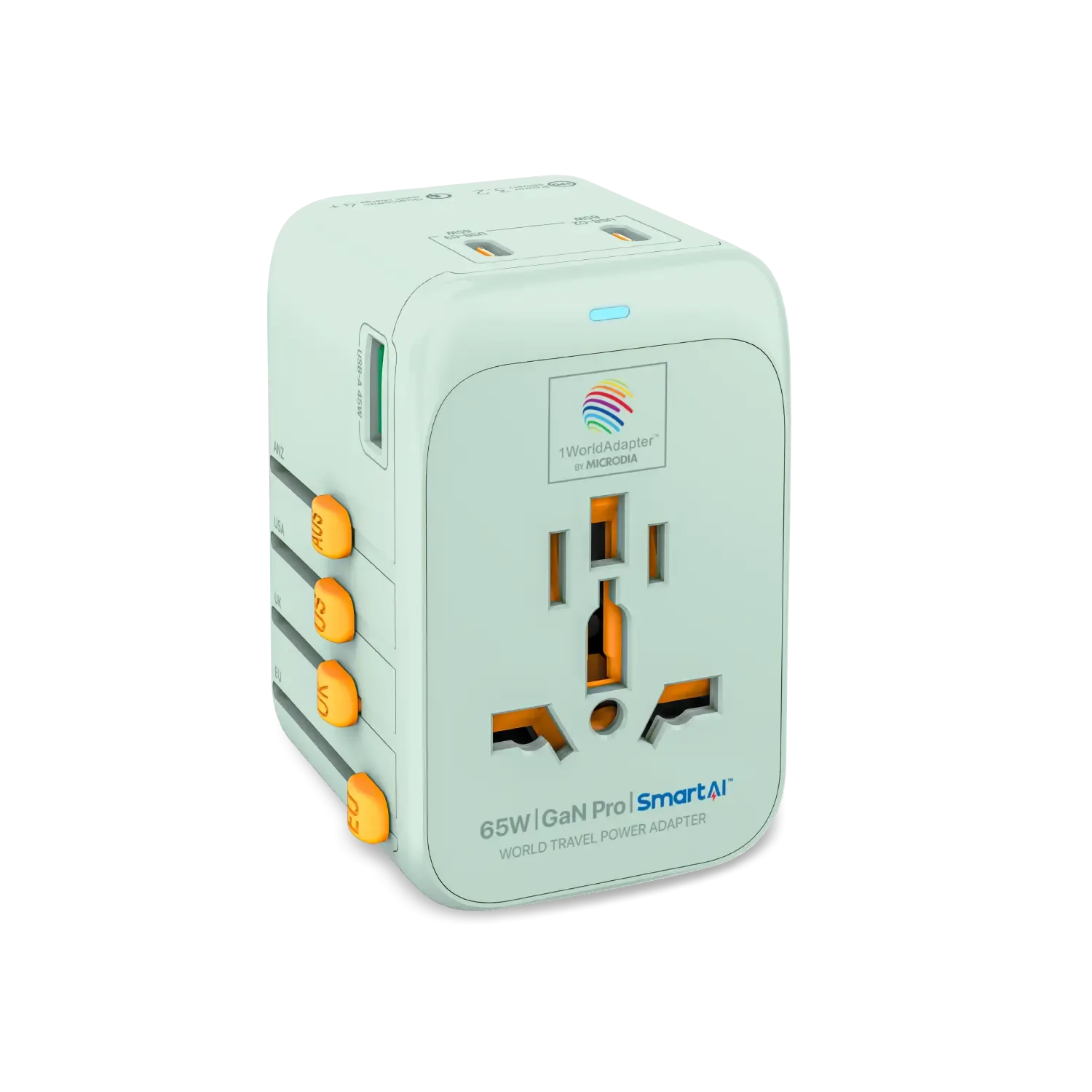 1WorldAdapter™ PD65W GaN Pro™ with 3 x USB-C PD3.2 & USB-A QC4  PPS Fast Charging