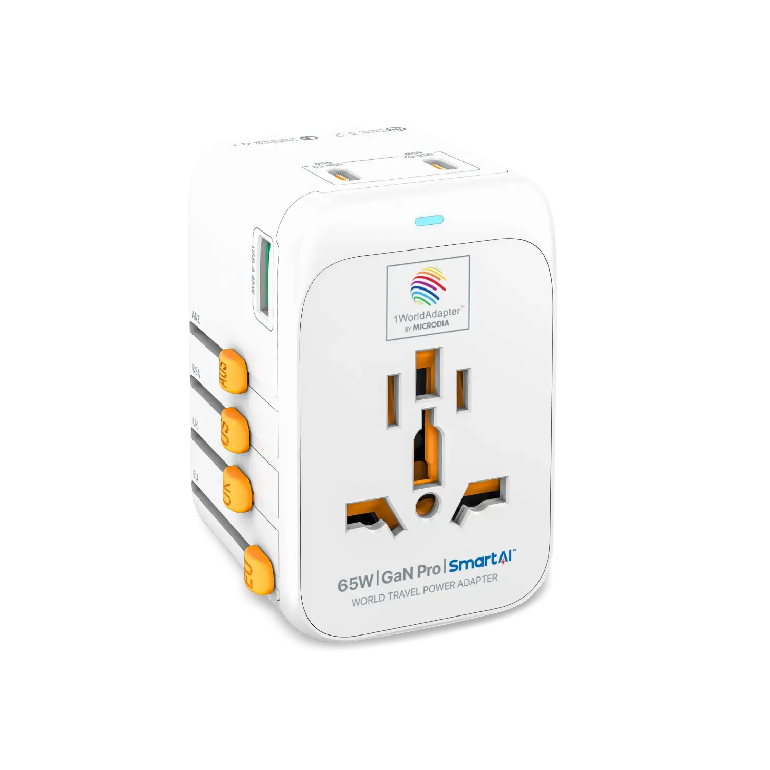 1WorldAdapter™ PD65W GaN Pro™ with 3 x USB-C PD3.2 & USB-A QC4  PPS Fast Charging