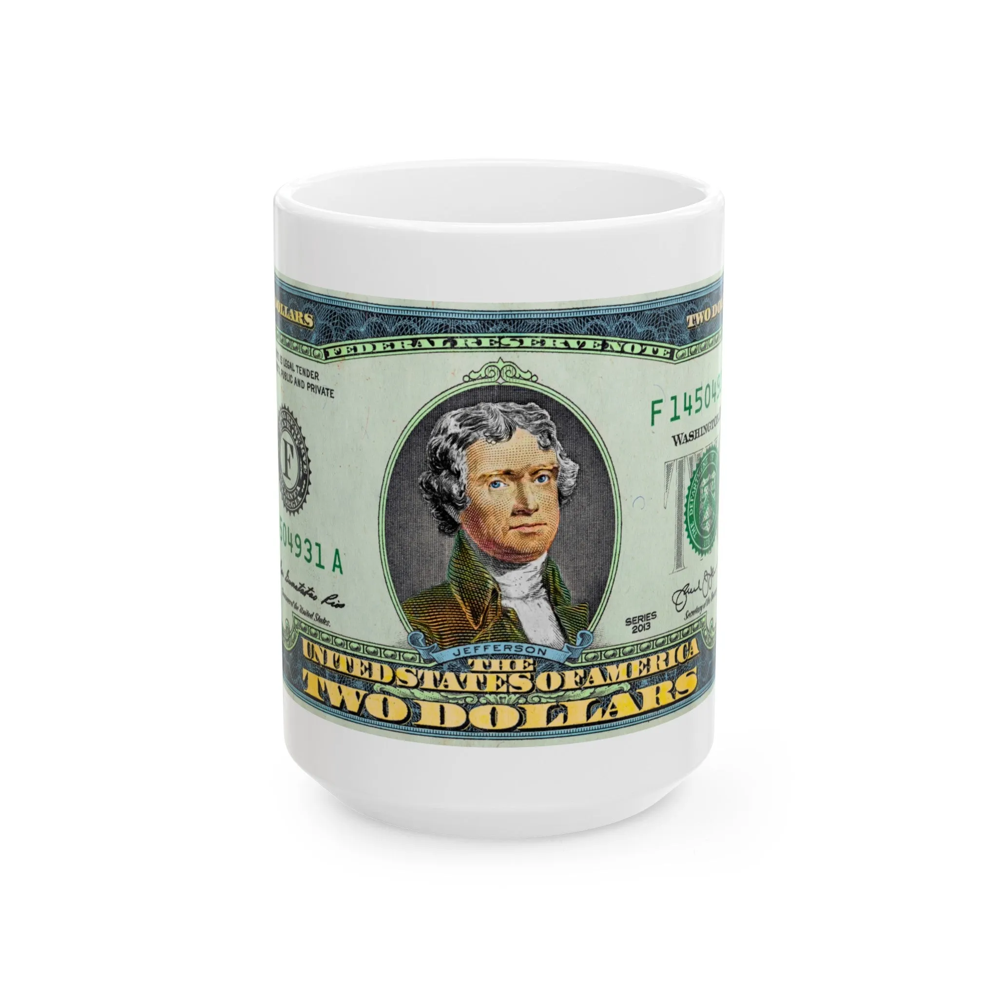 2 Dollar Thomas Jefferson Ceramic Mug, (11oz, 15oz)