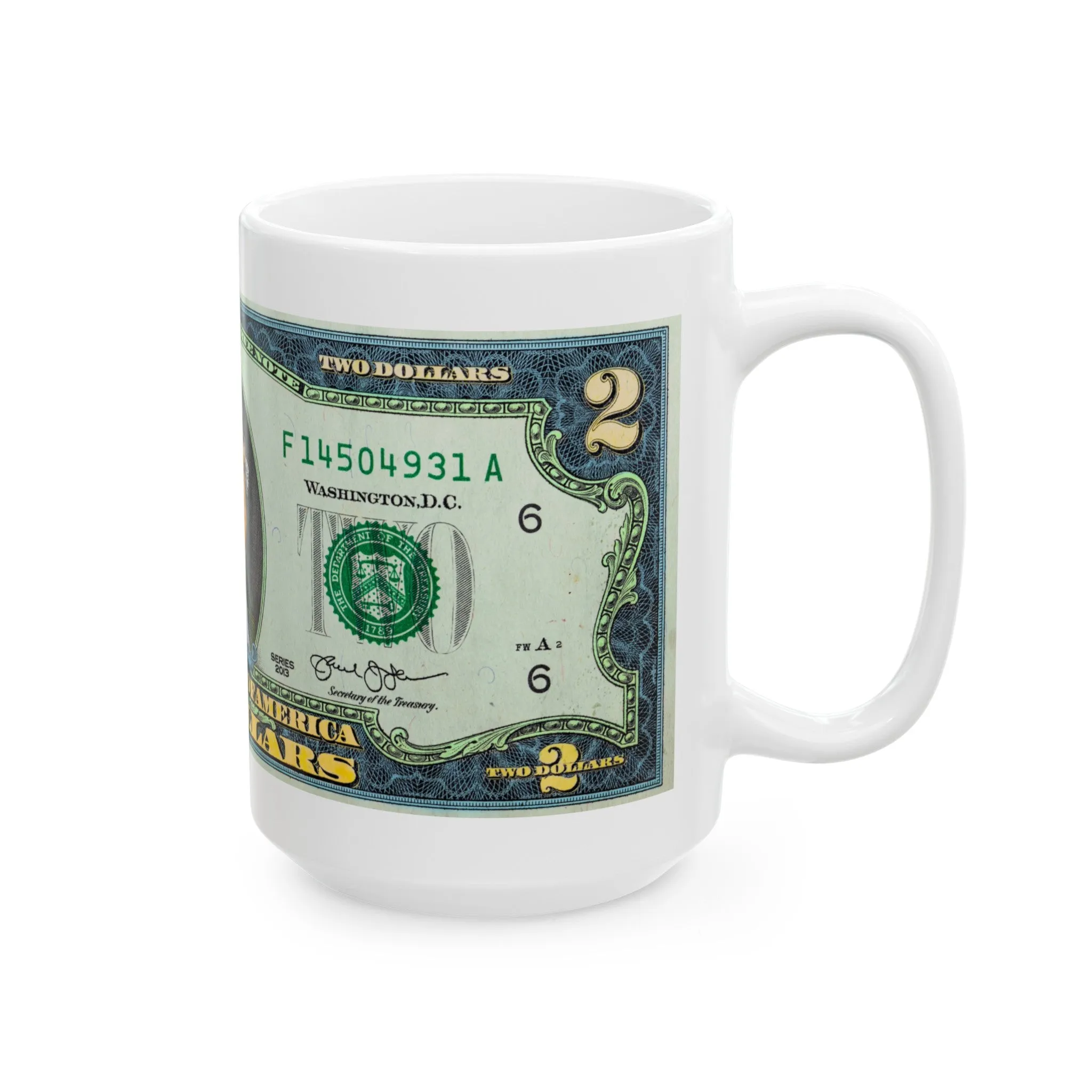 2 Dollar Thomas Jefferson Ceramic Mug, (11oz, 15oz)