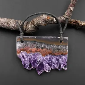 2 Hole Pendant Natural Amethyst Stalactite Druzy Pendant Drilled Flat Slice Long Rectangle A1