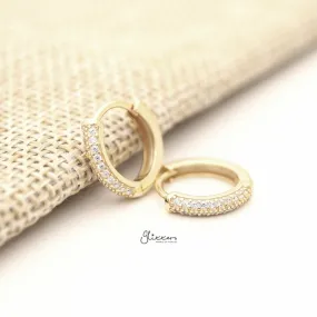 2 Lines CZ Paved Sterling Silver One-Touch Huggie Hoop Earrings - Gold