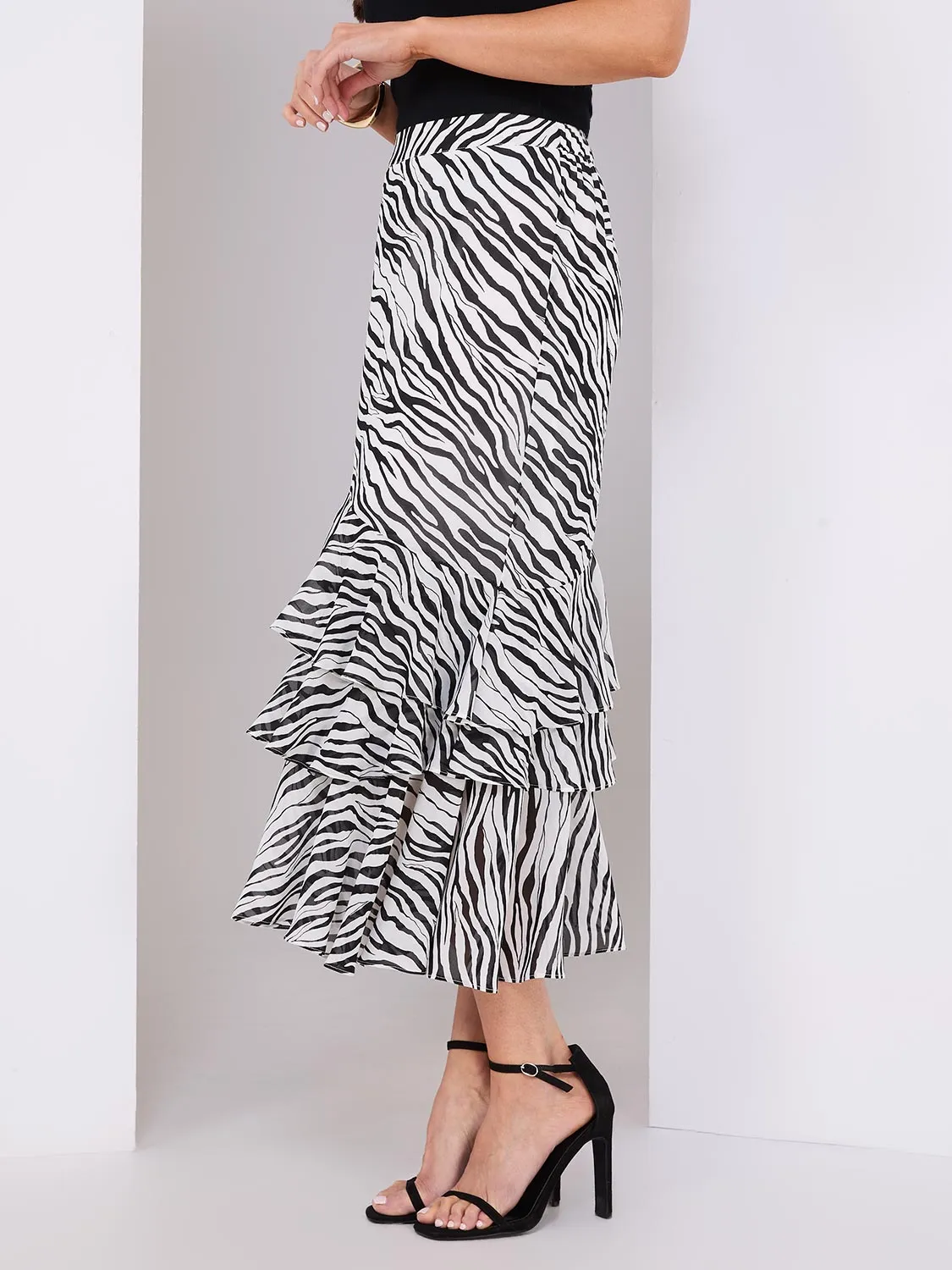 3-Tier Zebra Print Chiffon Flounce Skirt