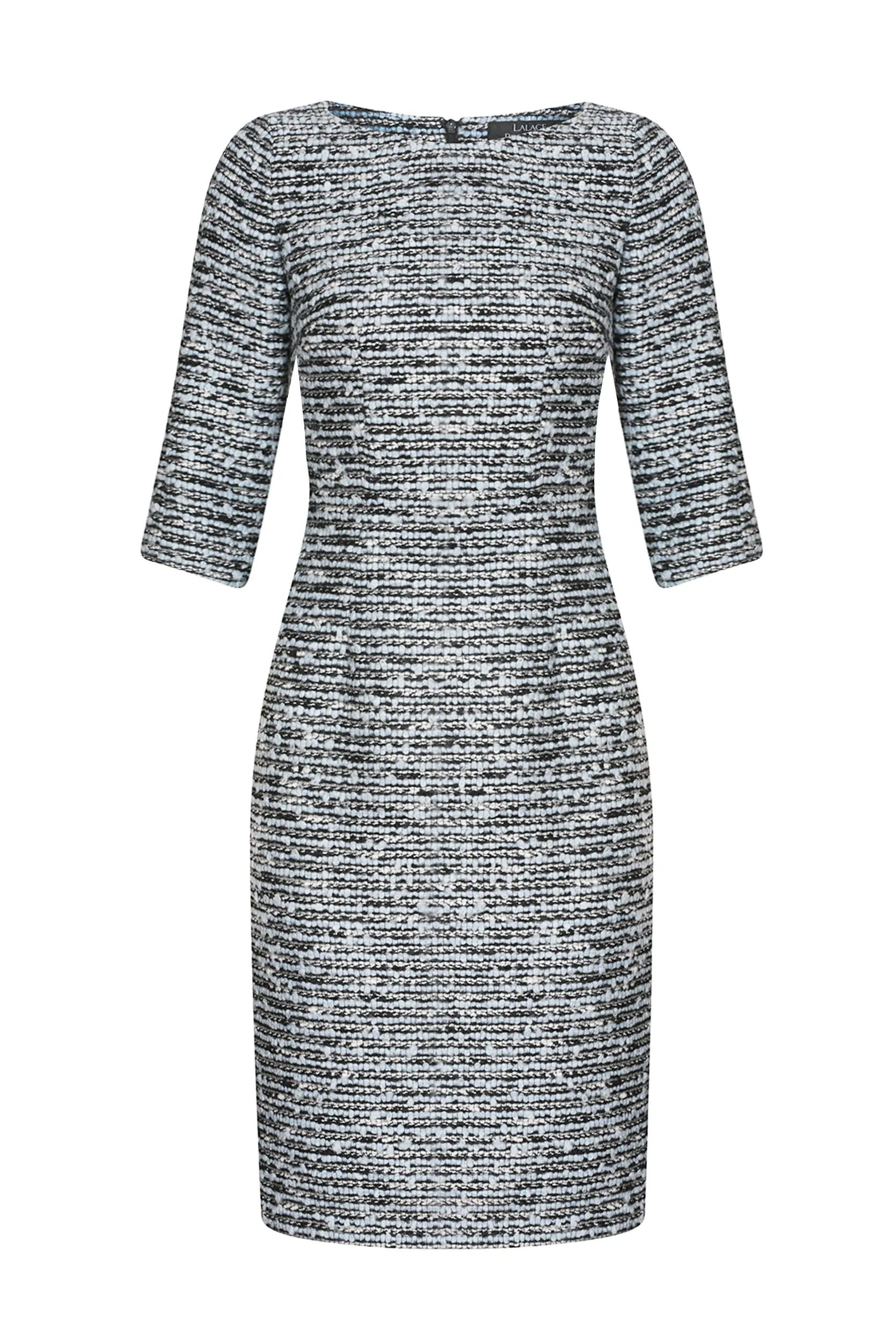 3/4 Sleeve Shift Dress in Blue/Grey Tweed - Angela