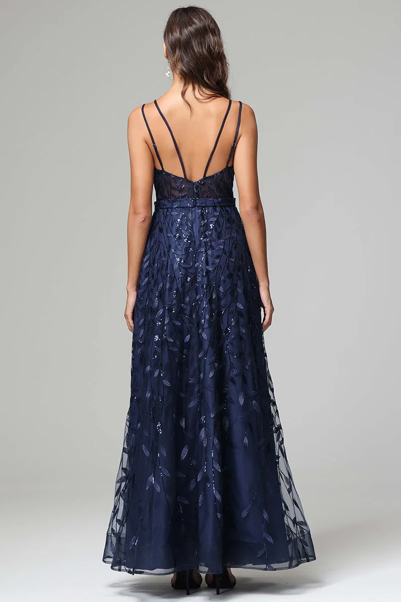 A-line Dark Navy Spaghetti Straps V-neck Lace Prom Dresses