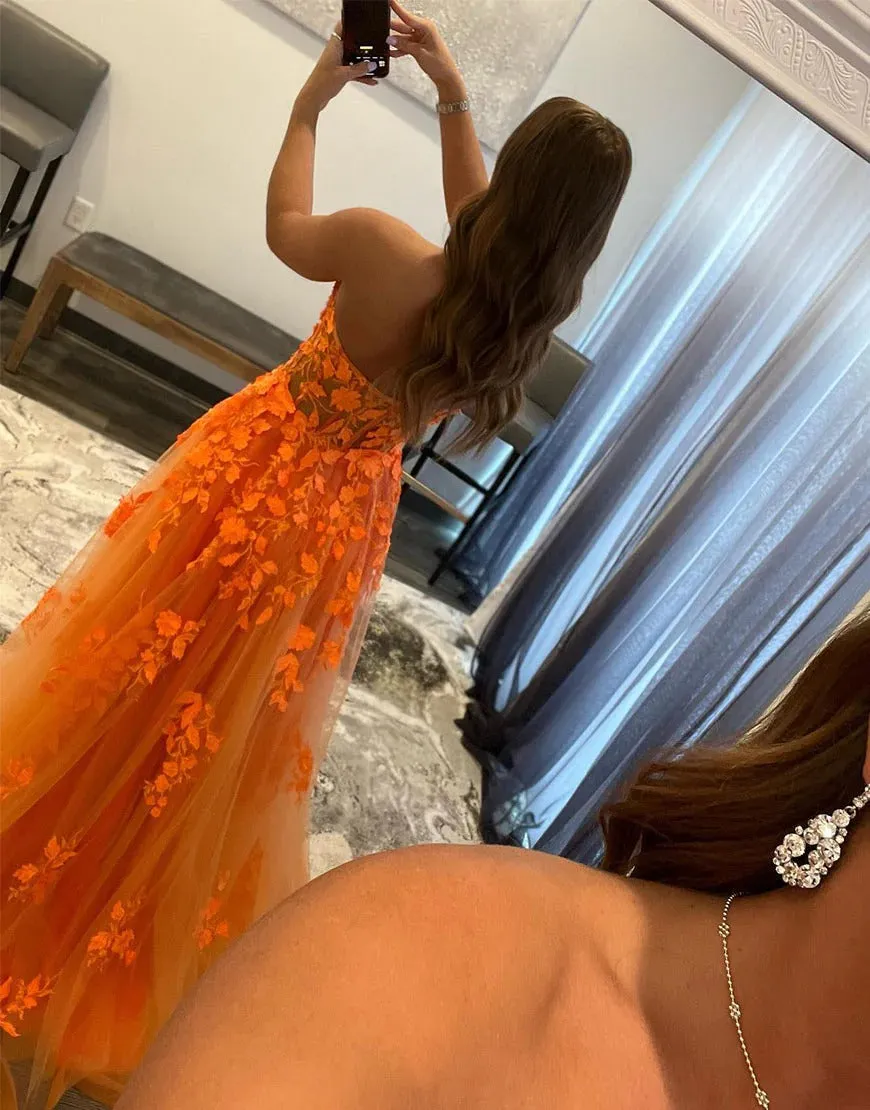 A Line  Long Orange Appliques Sweetheart Prom Dress,BD930617