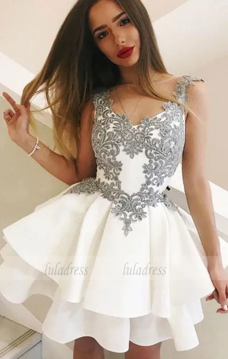 A-Line Round Neck Short White Tiered Homecoming Dress with Appliques,BD99512