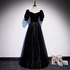 A line Short Sleeves Black Prom Dresses Sexy Evening Dress SH102