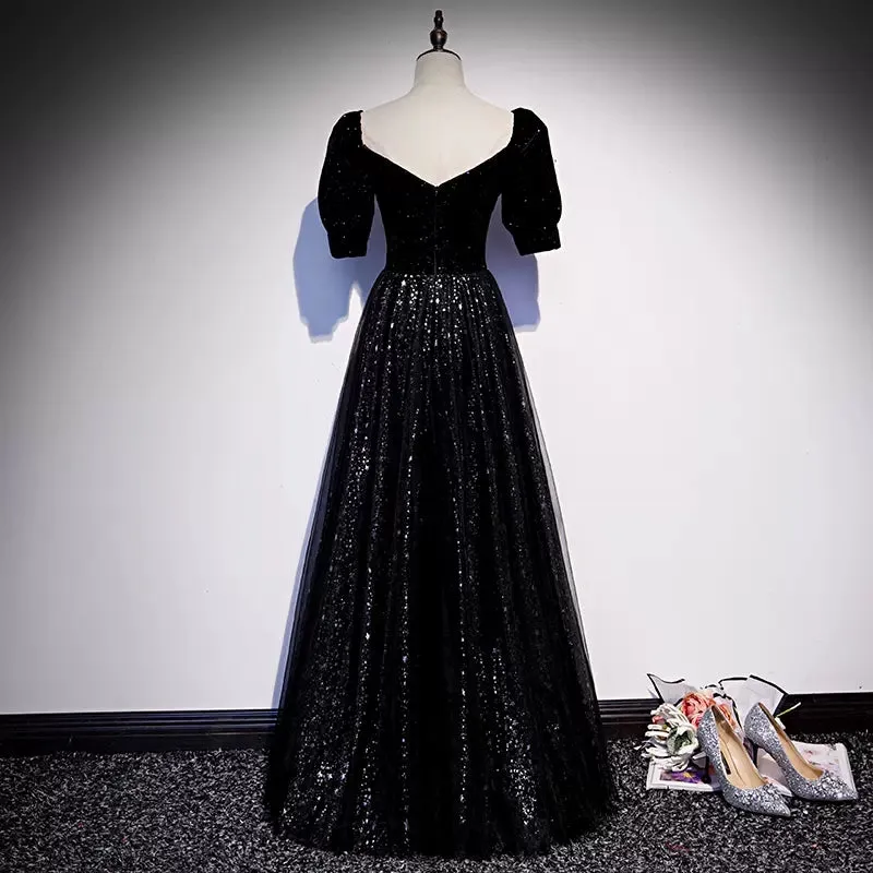 A line Short Sleeves Black Prom Dresses Sexy Evening Dress SH102