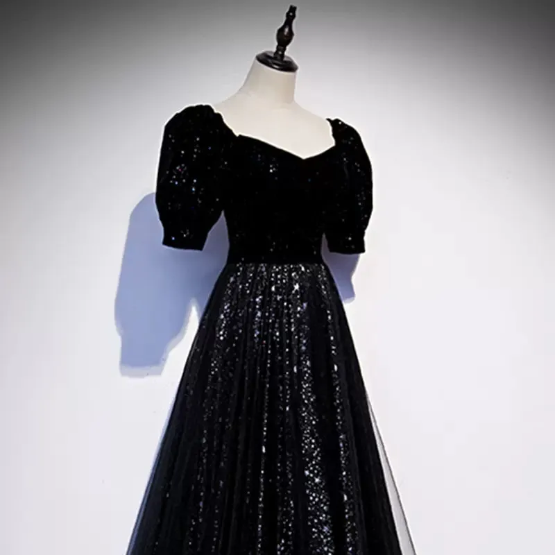 A line Short Sleeves Black Prom Dresses Sexy Evening Dress SH102