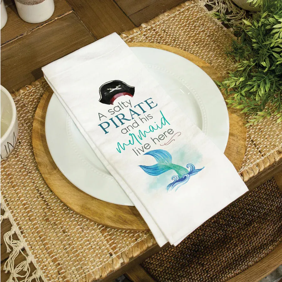 A Salty Pirate And His Mermaid Live Here Tea Towel