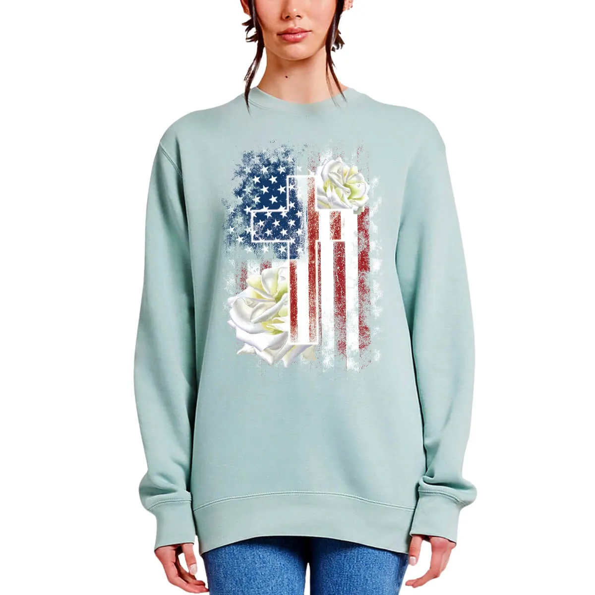 American Flag Cross With Roses Crewneck Sweatshirt