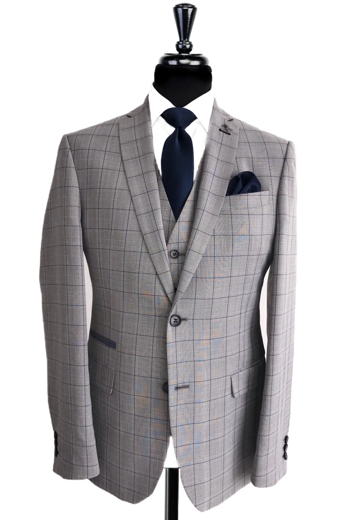 ANTIQUE ROGUE Grey/Blue Check 3 Piece Suit