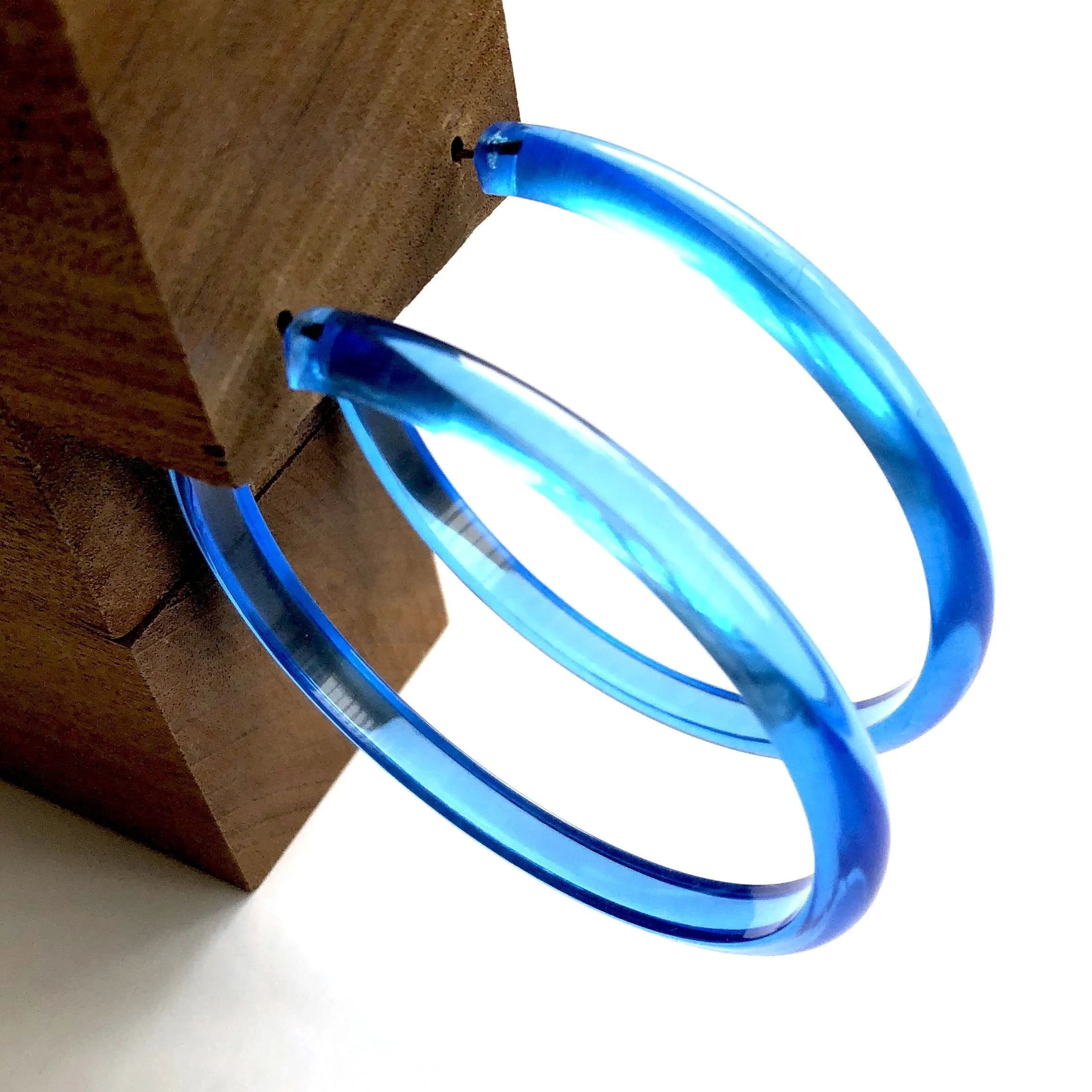 Aqua Blue Transparent Bangle 3 Inch Hoop Earrings