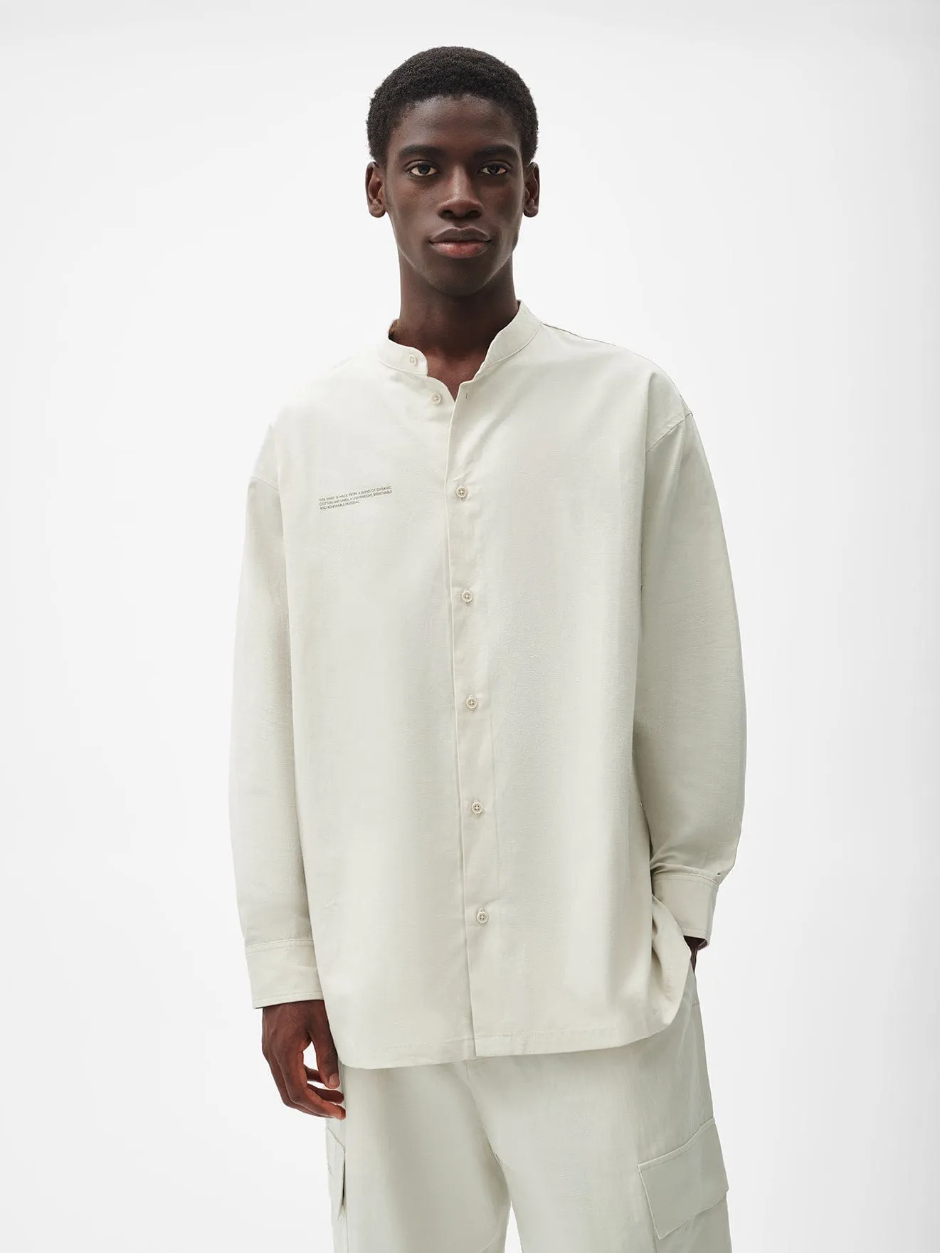 Archive Organic Cotton Linen Mandarin Collar Long-Sleeve Shirt—limestone