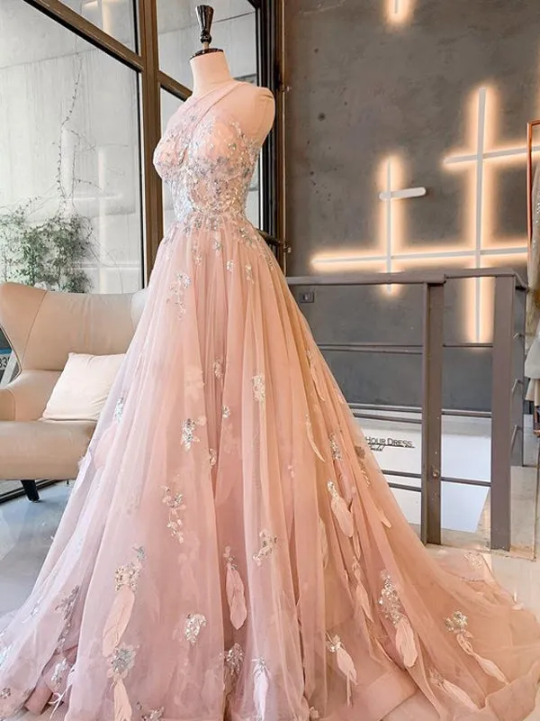 Beautiful A-Line Halte Tulle Lace Long Prom Dresses,PDY0341