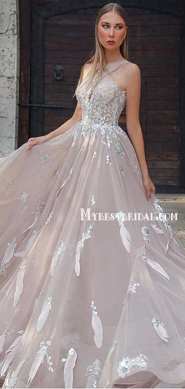 Beautiful A-Line Halte Tulle Lace Long Prom Dresses,PDY0341