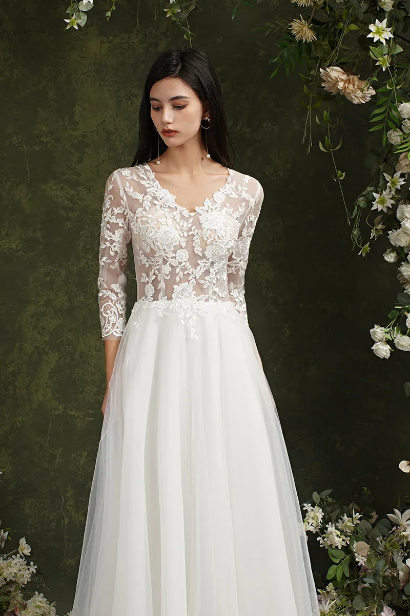 Biztunnel Long A-line Sweetheart Chiffon Lace Wedding Dresses with Sleeves