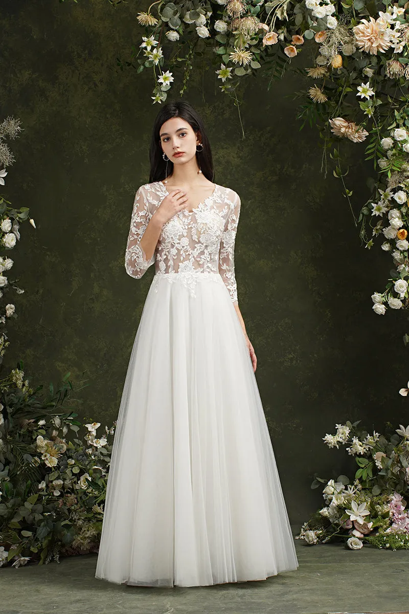 Biztunnel Long A-line Sweetheart Chiffon Lace Wedding Dresses with Sleeves