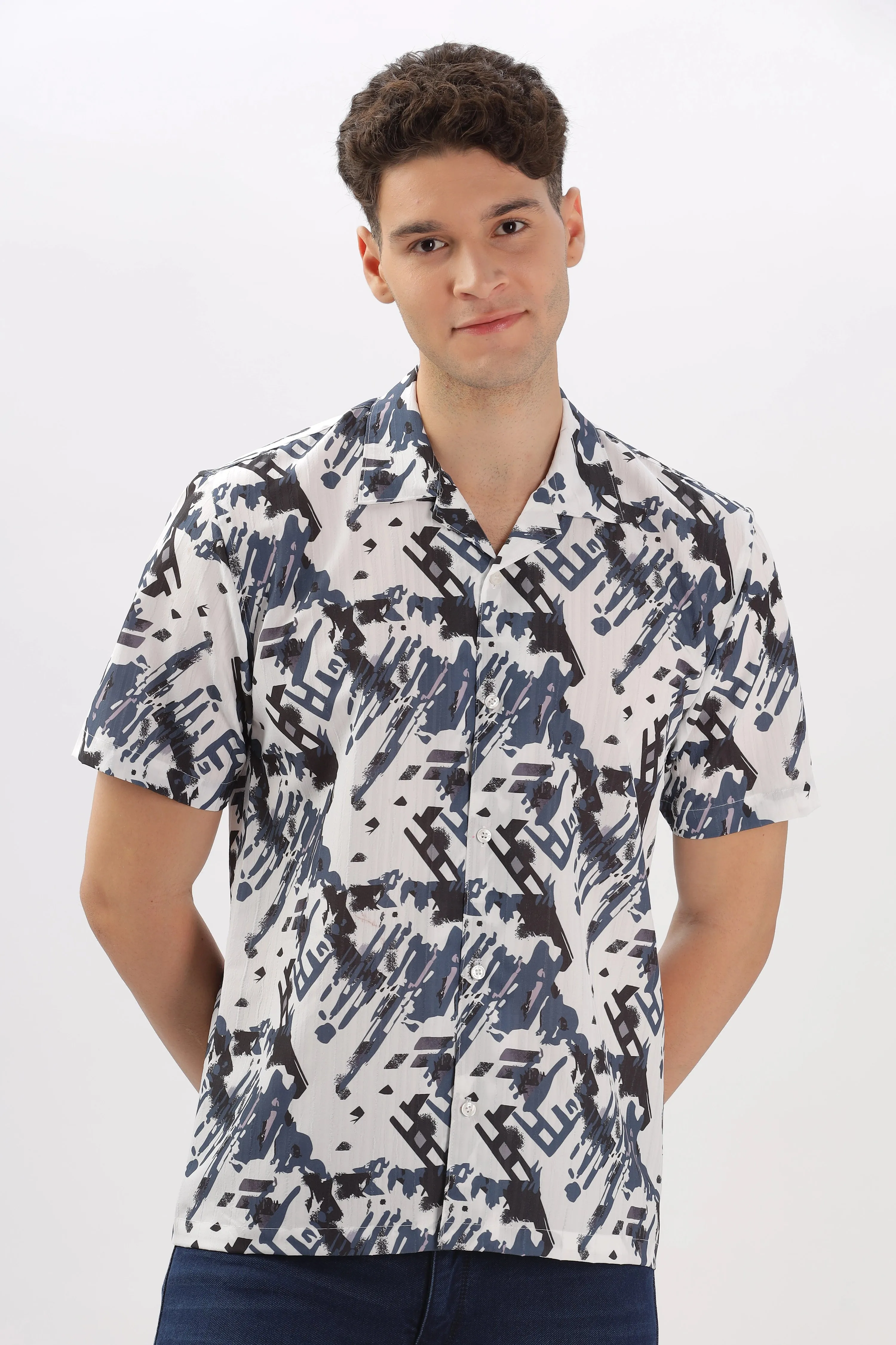 Black and blue abstract printed popcorn shirt