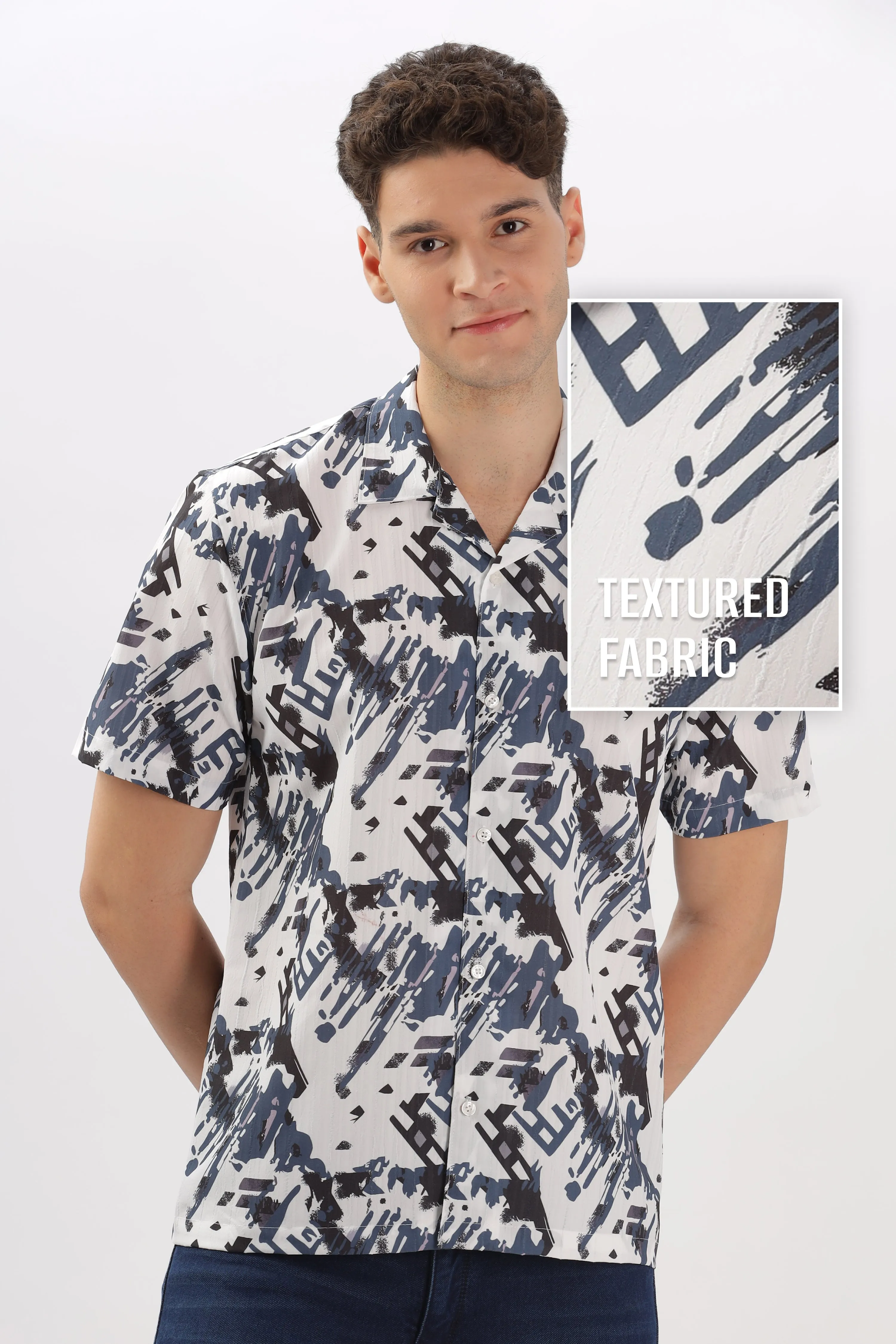 Black and blue abstract printed popcorn shirt