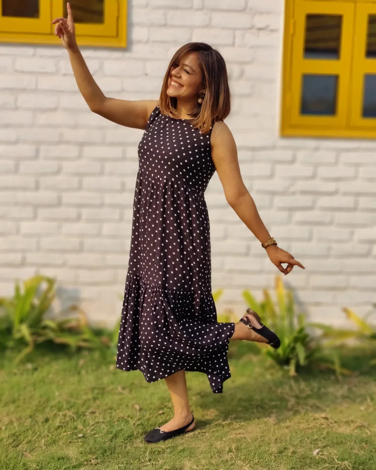 Black Polka Dots Sleeveless Tiered Dress