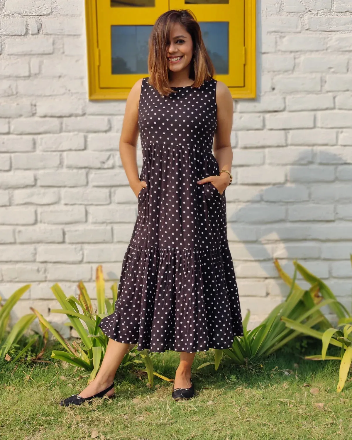 Black Polka Dots Sleeveless Tiered Dress