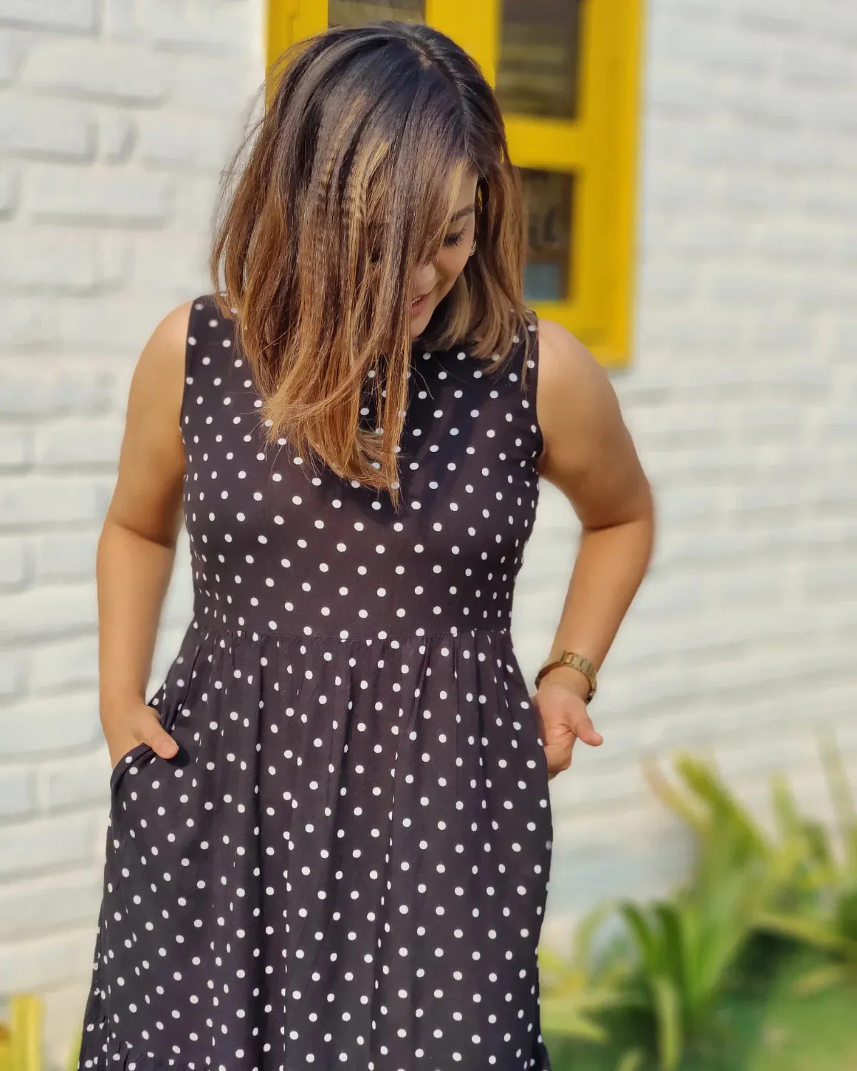 Black Polka Dots Sleeveless Tiered Dress