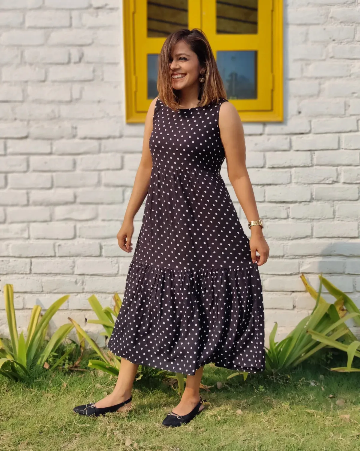 Black Polka Dots Sleeveless Tiered Dress