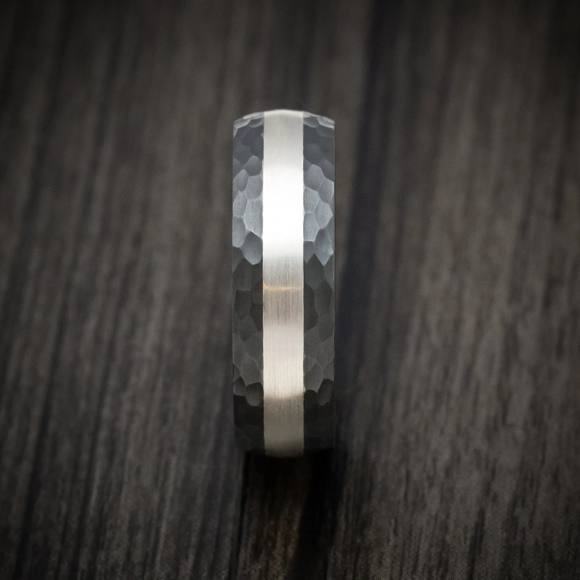 Black Titanium Hammered Men's Ring with Palladium Silver Inlay