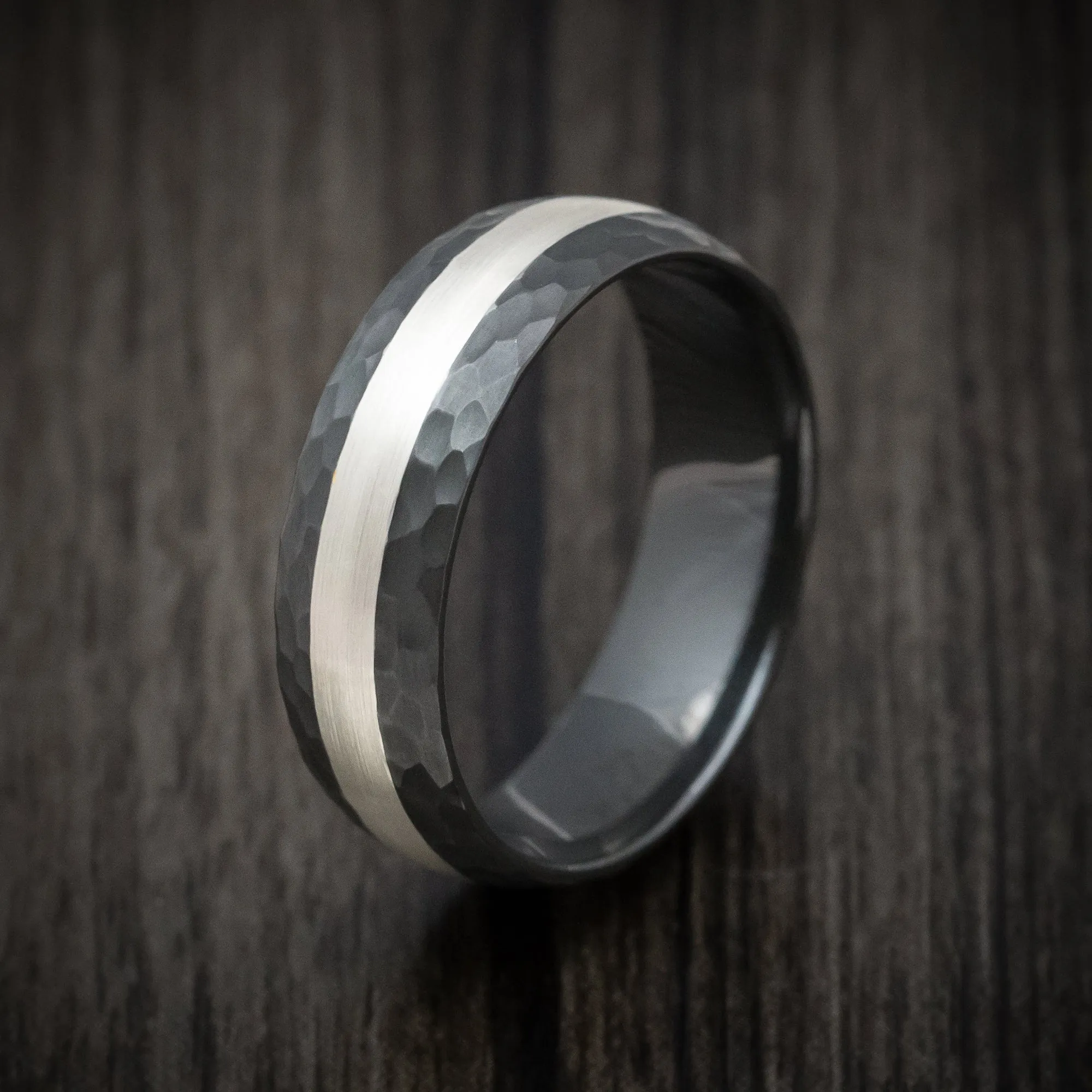 Black Titanium Hammered Men's Ring with Palladium Silver Inlay