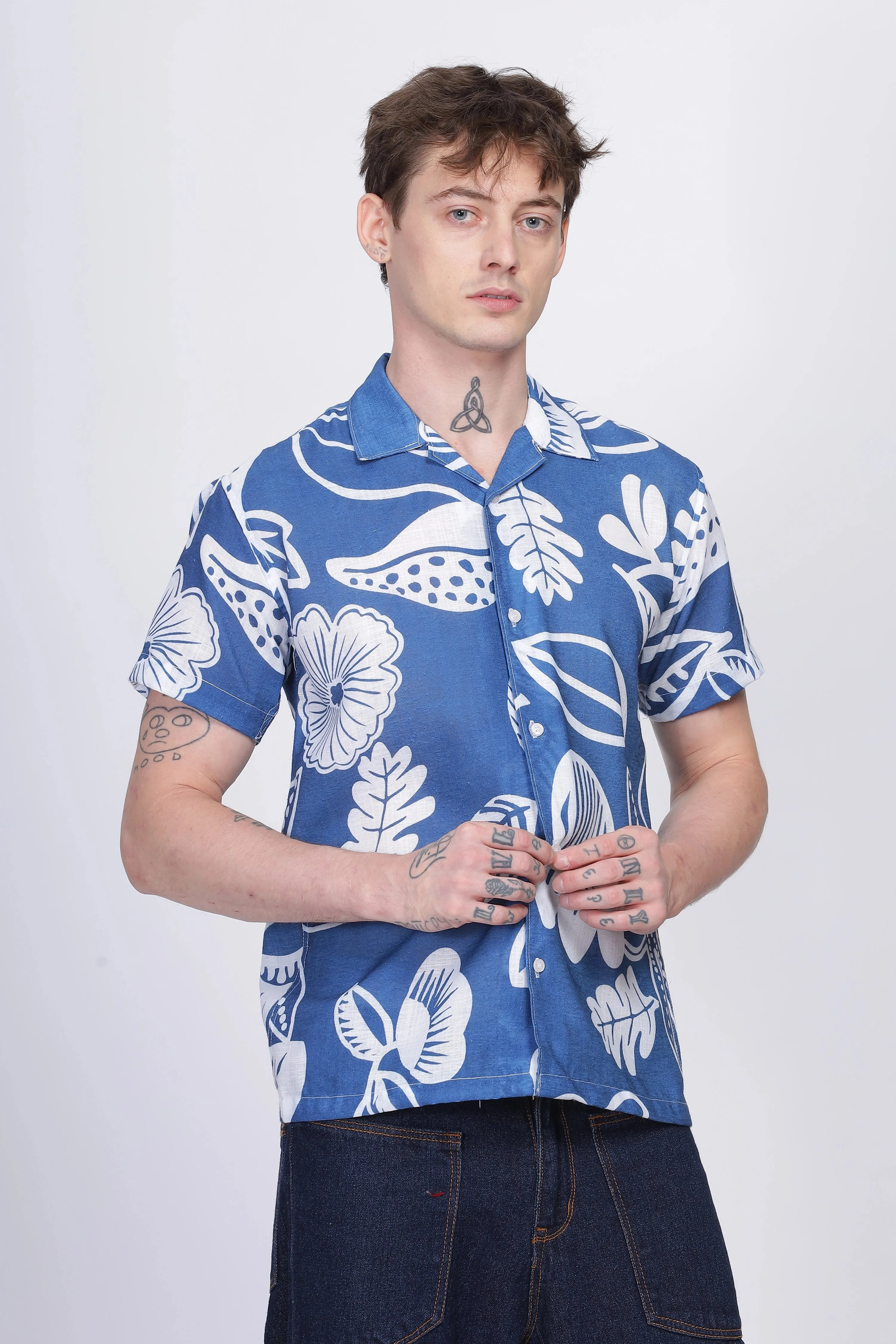 Blue flower print linen shirt for men