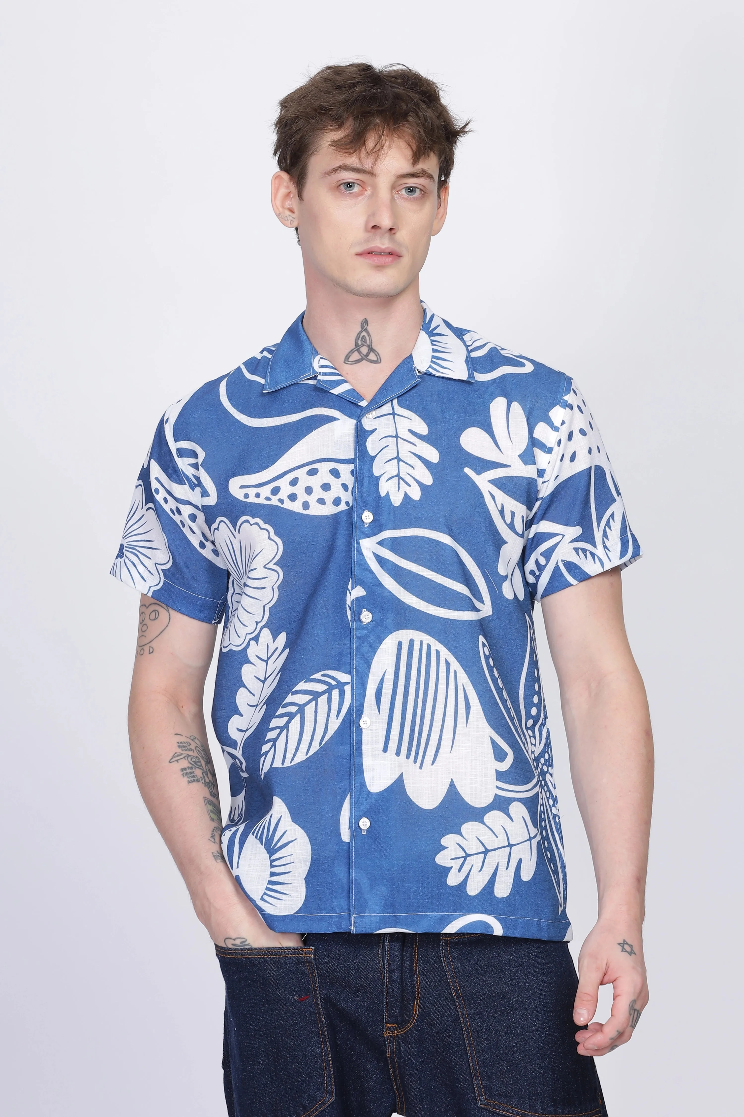 Blue flower print linen shirt for men