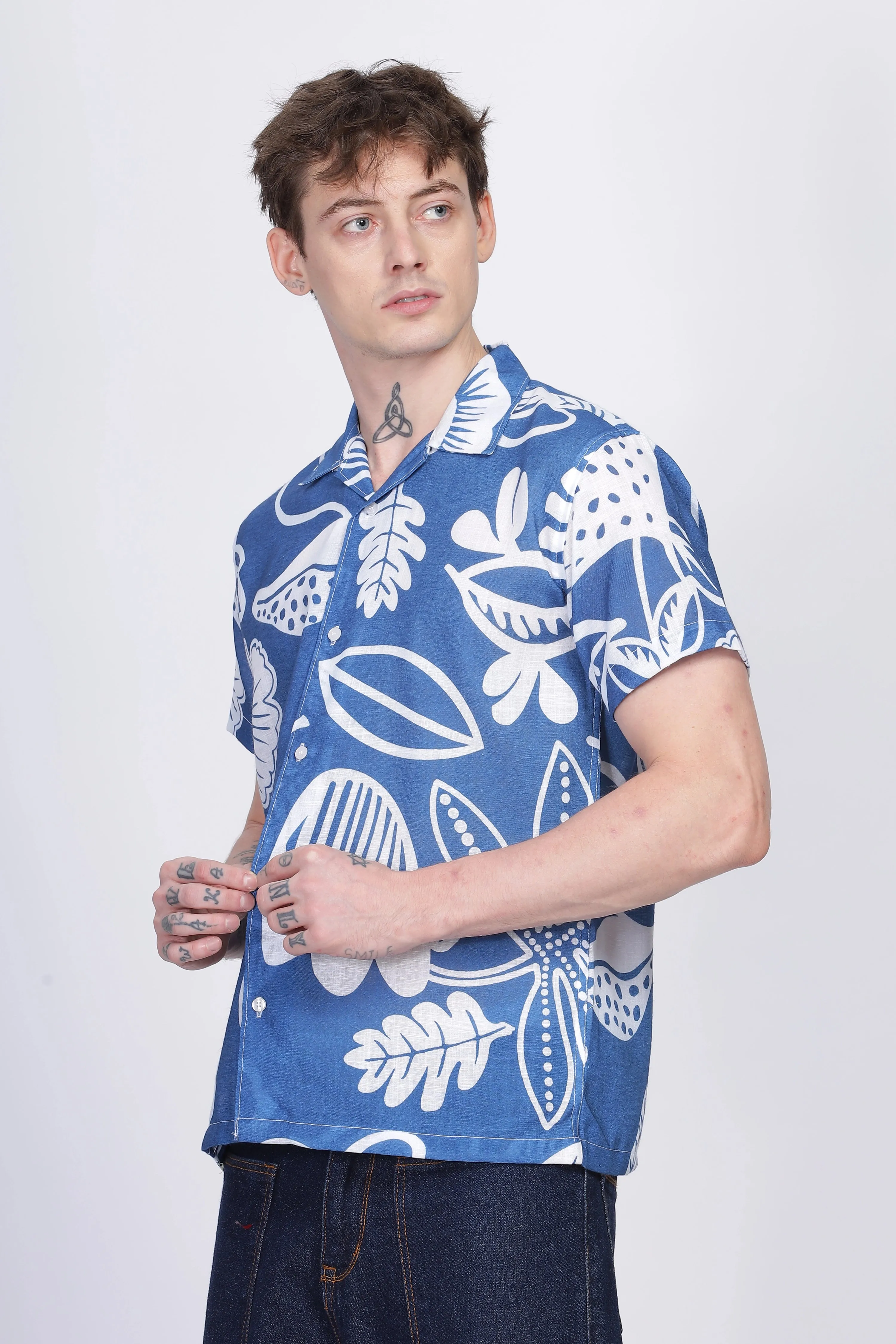 Blue flower print linen shirt for men