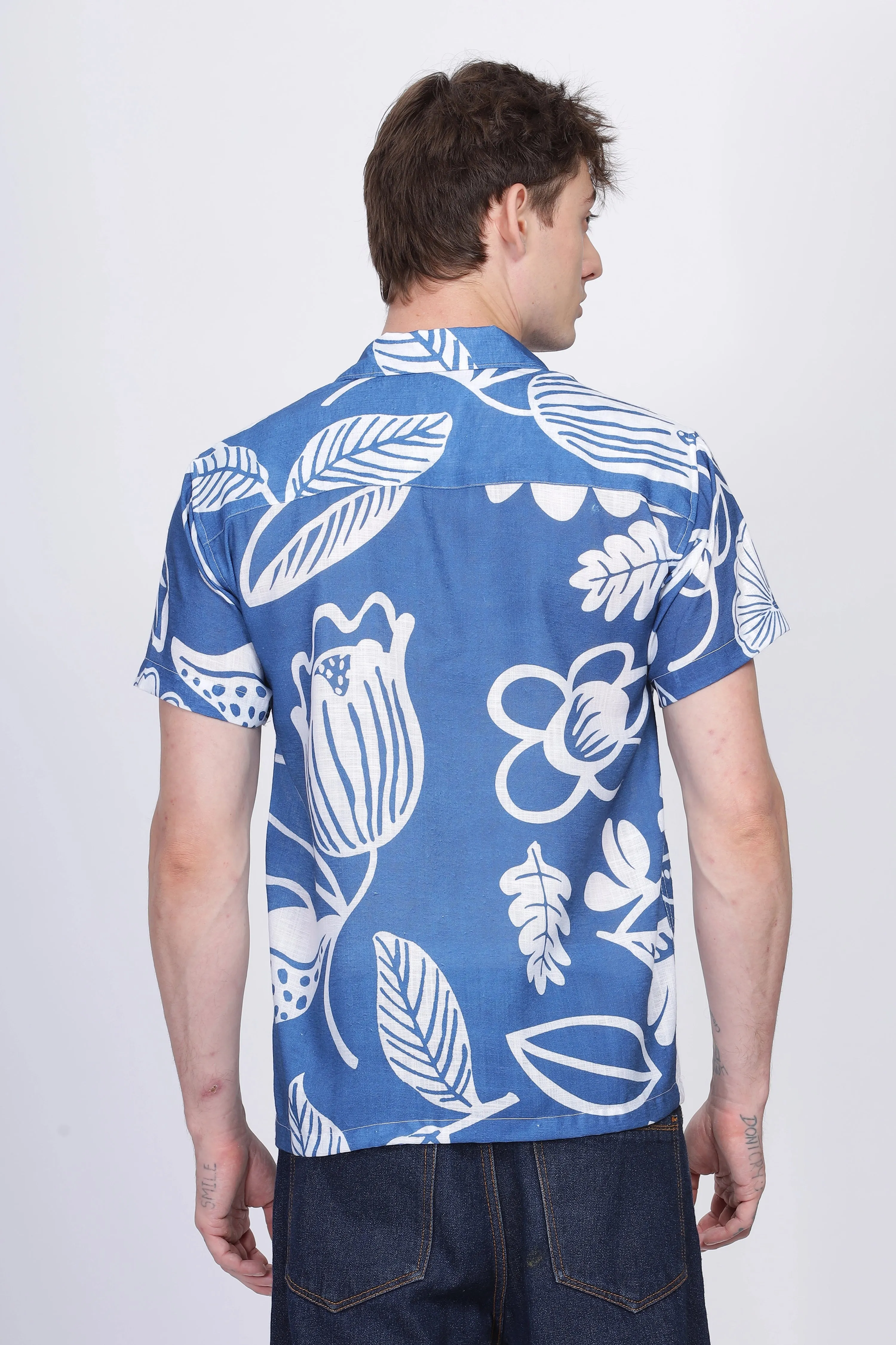 Blue flower print linen shirt for men