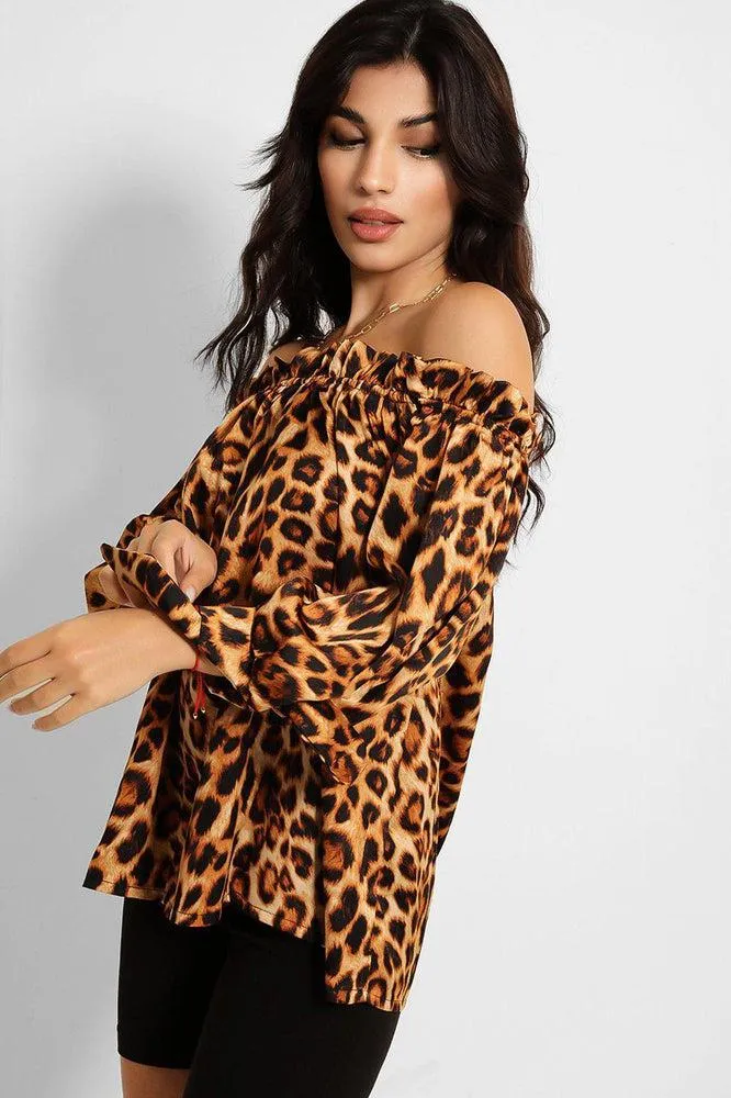 Brown Leopard Print Elastic Off Shoulder Top