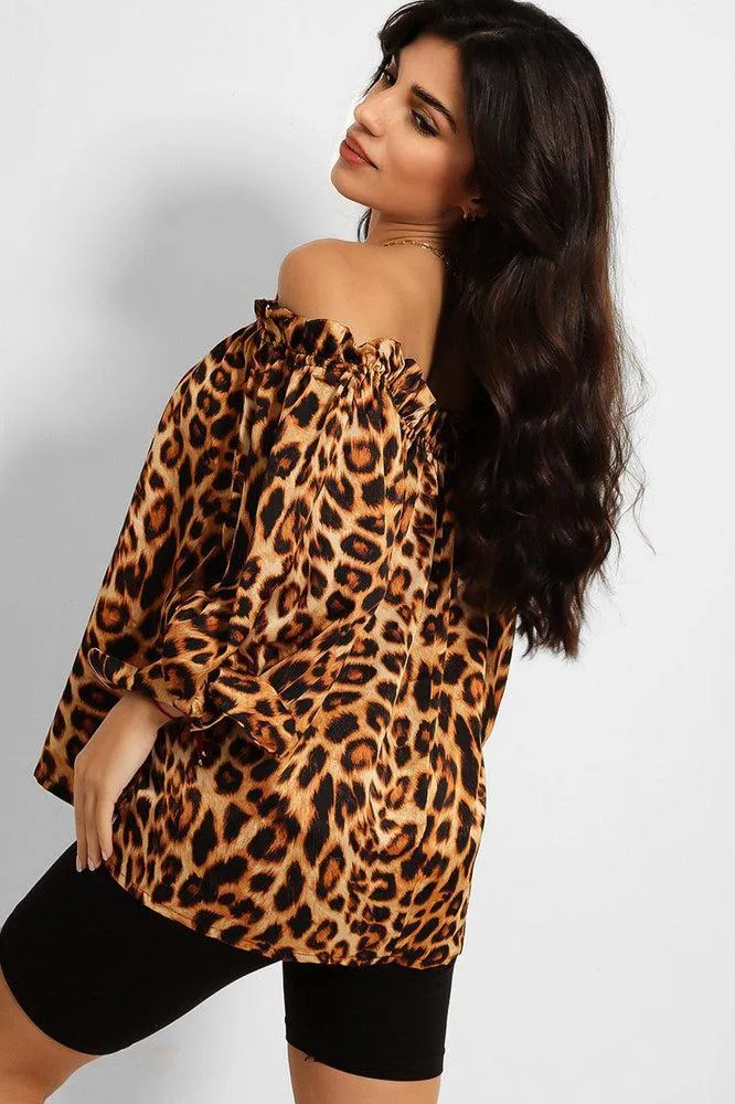 Brown Leopard Print Elastic Off Shoulder Top