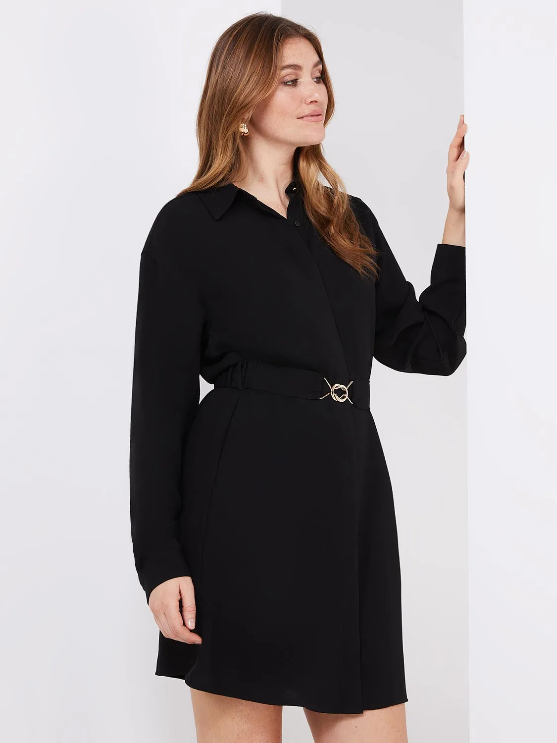 Button-Front Mini Shirt Dress With Belt