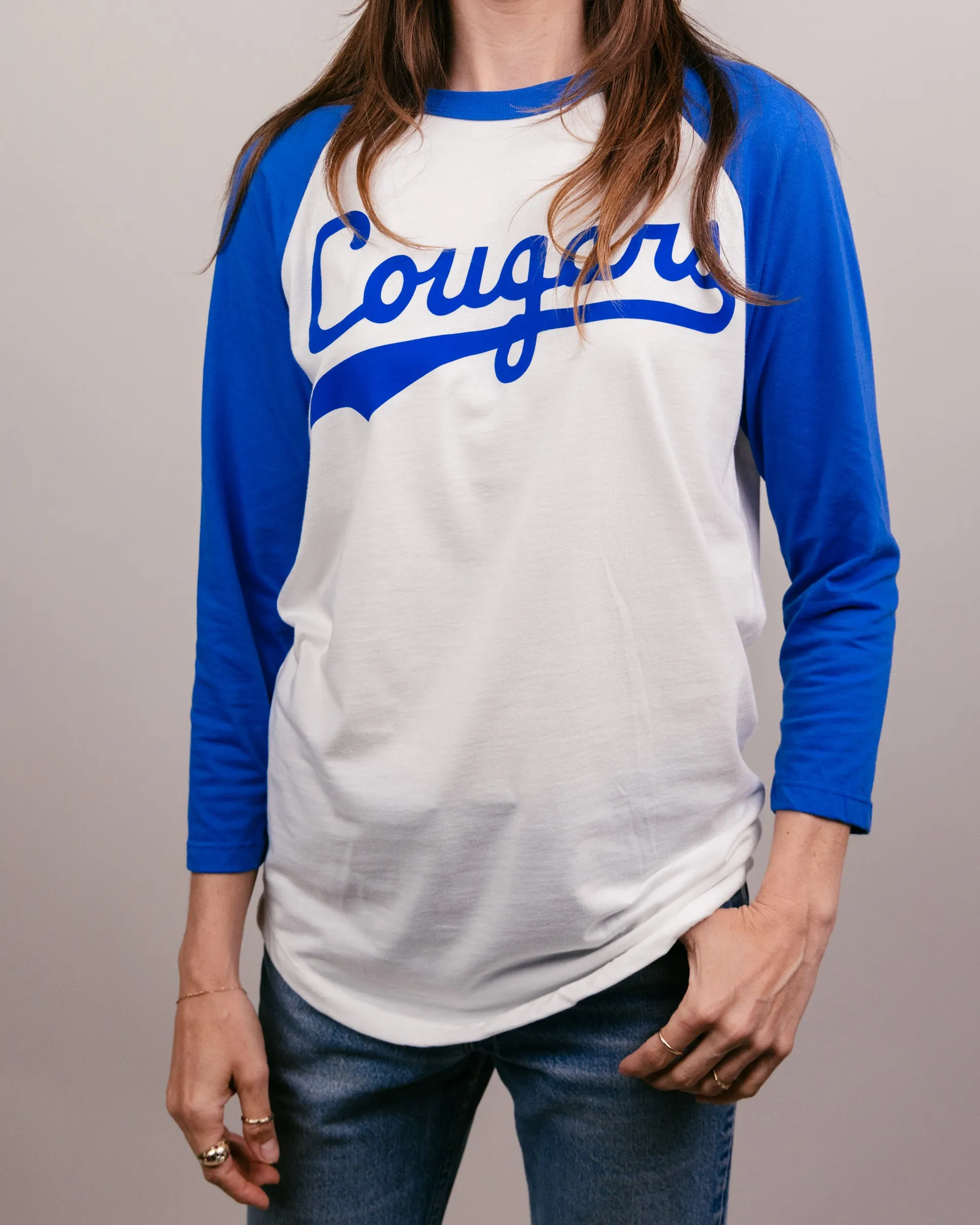 BYU Cougars Baseball Script White & Royal Raglan