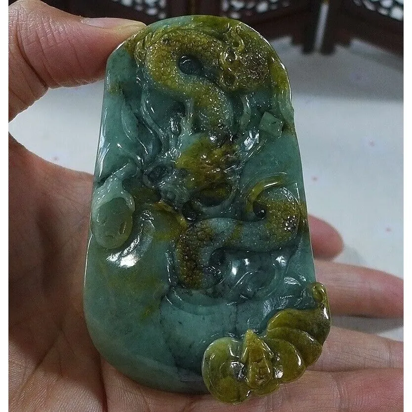 Cert'd Natural Type A Yellow Jadeite Jade Big Dragon Pendant