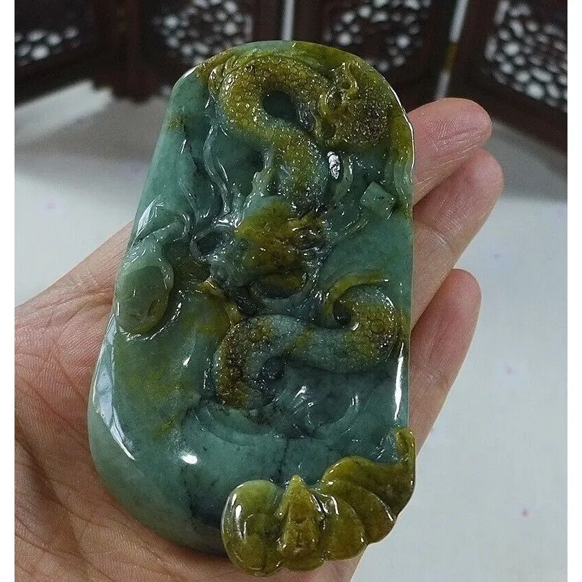 Cert'd Natural Type A Yellow Jadeite Jade Big Dragon Pendant