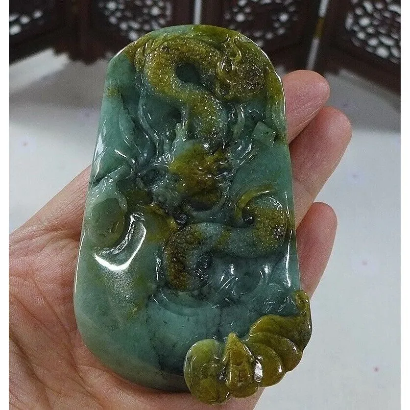 Cert'd Natural Type A Yellow Jadeite Jade Big Dragon Pendant